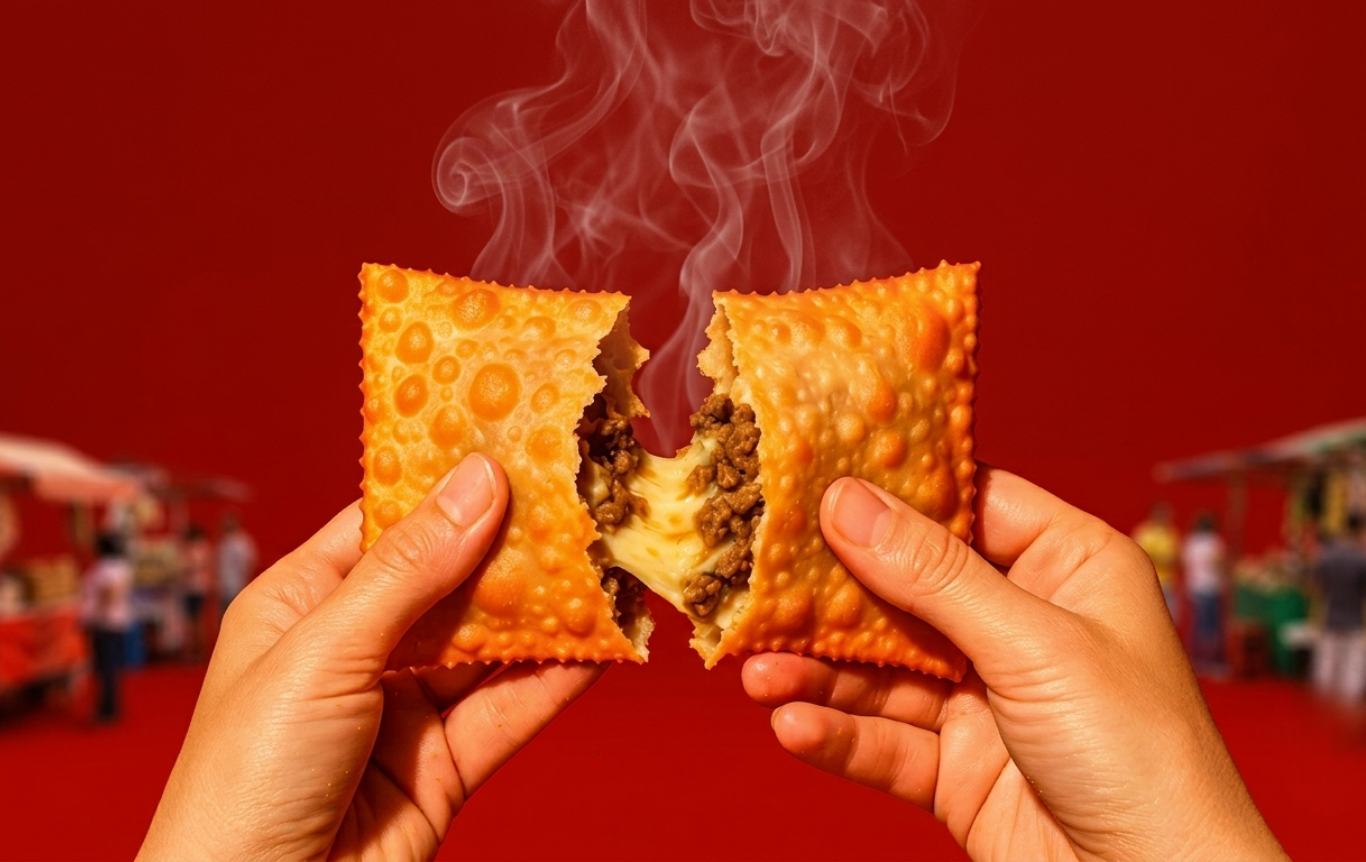 Pastel crocante partido ao meio com recheio de carne e queijo